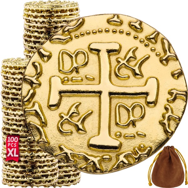 Premium Metal Pirate Coins - 100 X Large Pirate Gold Coins for Kids, Fake Gold Coins, DND Coins, Metal Coins, Fantasy Coins, Tokens - Diameter: 1.18"