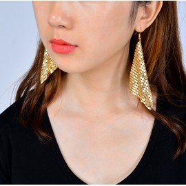 Suyi Trendy Women Earrings Metal Mesh Grid Sequins Tassel Long Drop Dangle Earrings Gold