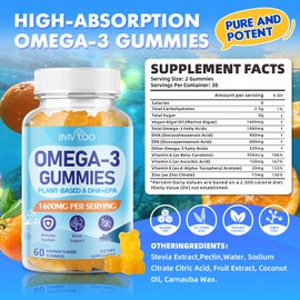 Vegan Omega-3 Gummies - 1600mg with 600mg EPA & 400mg DHA. High Absorption Formula. Delicious Orange Flavor - 60 Gummies