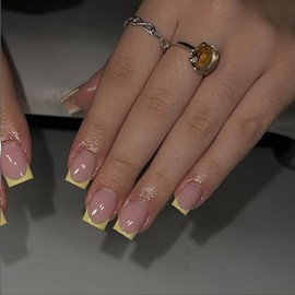 SXVME 30 uñas postizas acrílicas de punta francesa, cortas y cuadradas, color amarillo claro, con pegamento para mujeres, 15 tamaños.