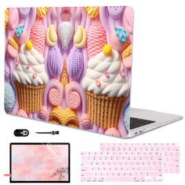LCMOCICO Compatible with 2022 2021 2020 MacBook Air 13 inch Case M1 A2337 A2179 A1932, Pattern Plastic Hard Shell Case & Screen Film & Keyboard Cover for Mac Air 13 Touch ID, 3D Knitted Ice Cream