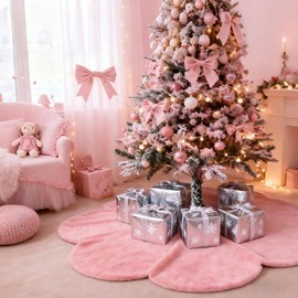 Baccessor Pink Christmas Tree Skirt 48 Inch Scalloped Faux Fur Plush Soft Xmas Tree Skirt Large Tree Skirt for Christmas Home Decorations Holiday Party Ornaments Indoor Decor