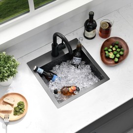 Hotis Drop in Black Bar Sink, 13x15 Inch Topmount RV Small Gun Black Kitchen Sink, Handmade Stainless Steel Wet Bar Sinks, Outdoor Single Bowl with Dish Grid & Drain