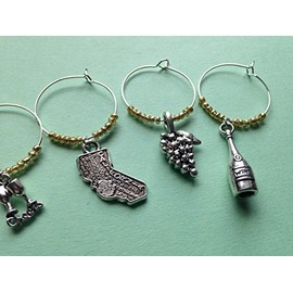 California Wine Charms, Gift for California Wine Lover. Charms include California State charm, wine bottle, corkscrew, Cheers with glasses, grapes, and picnic basket. Set of 4 to Set of 7.