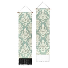 PLIGREAT 2 Pack Aesthetic Floral Wall Hangings, Vintage Muted Green Damask Tapestry with Tassels Vertical Gothic Paisley Wall Tapestry for Bedroom Living Room Home Decor Long Narrow Art Tapestries