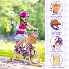 67i Girls Bike 12 14 16 20 Inch with Basket & Training Wheels, Bicicleta para Niñas with Adjustable Seat, Steel Frame, Doll Seat, Coaster Brake (Purple, 16 inch)