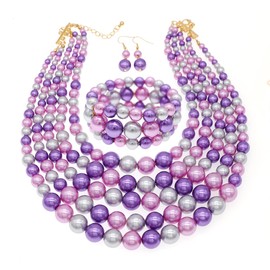 iSPECIAL Colorful Faux Pearl Jewelry Set for Women Layered Chunky Necklace, Earrings, and Bracelet Fashion Costume Jewelry Set (Purple Colorful necklace set)