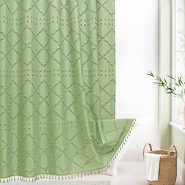 Craidlela Boho Sage Green Woven Fabric Shower Curtain with Tassel 72 x 72 Bohemia Tufted Chevron Striped Chic Textured, Green Modern Farmhouse Minimalist Waterproof Curtains for Bathroom, Hotel Decor