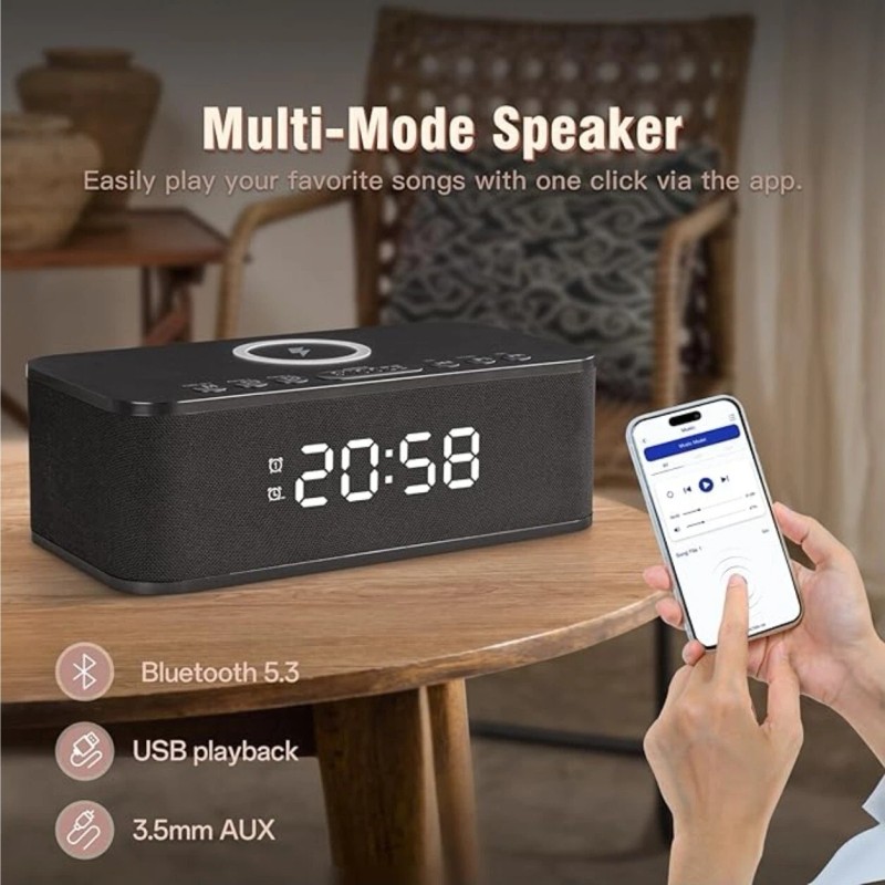 Fansbe Bluetooth speaker, Wireless Charger, White Noise, Dual Alarm Clock,
