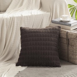 Fancy Homi 2 Packs Dark Brown Decorative Throw Pillow Covers 18x18 Inch for Living Room Couch Bed Sofa, Rustic Farmhouse Boho Home Decor, Soft Striped Corduroy Square Cushion Case 45x45 cm