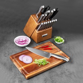 Kitchen Knives Set with Block and Wood Cutting Board, BILL.F 18 Pcs Set Of Knives for Kitchen with Block and Sharpener, Stainless Steel Knife Set with Scissors Chef Knife Professional
