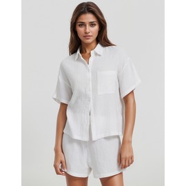 Flygo Women Casual 2 Piece Outfits Cotton Lounge Sets Loose Button Down Shirt and Shorts Pajama Gauze Set Beachwear(White-M)
