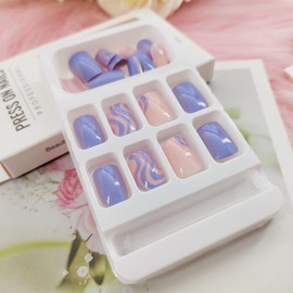 TUZANDW Short Square Blue Ripple Design Acrylic False Nails, 24 Pcs (12 Sizes), Glossy, Full Cover Nail, Press-On, Plastic, Quick Fit & Repeat Use