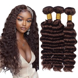 Dokksiiia Brown Bundles Human Hair #4 Dark Brown Bundle Human Hair Chocolate-Brown Bundles Deep Wave Bundle Double Weft Brazilian Hairs Extensions 12 14 16 Inch for Black Women