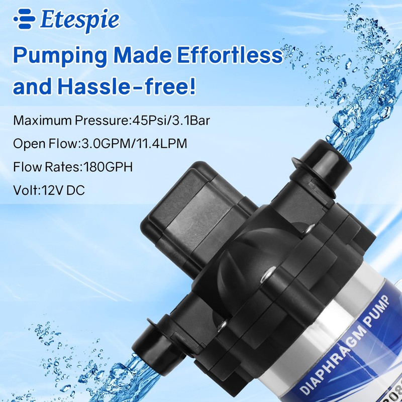Etespie Automatic-Demand Diaphragm Pump 2088-343-135, 12V DC, 3.0 GPM With