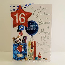 Jonny Javelin Grandson Happy 16th Birthday Card - Age 16 Balloons Presents