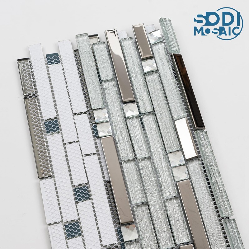 SODI MOSAIC White & Silver Glass Mosaic Backsplash Tiles, 12"