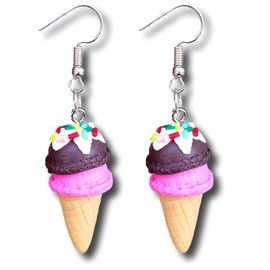 Double 3D Ice Cream Kawaii Cone with Sprinkles Dangle Drop Earrings (Chocolate & Pink)