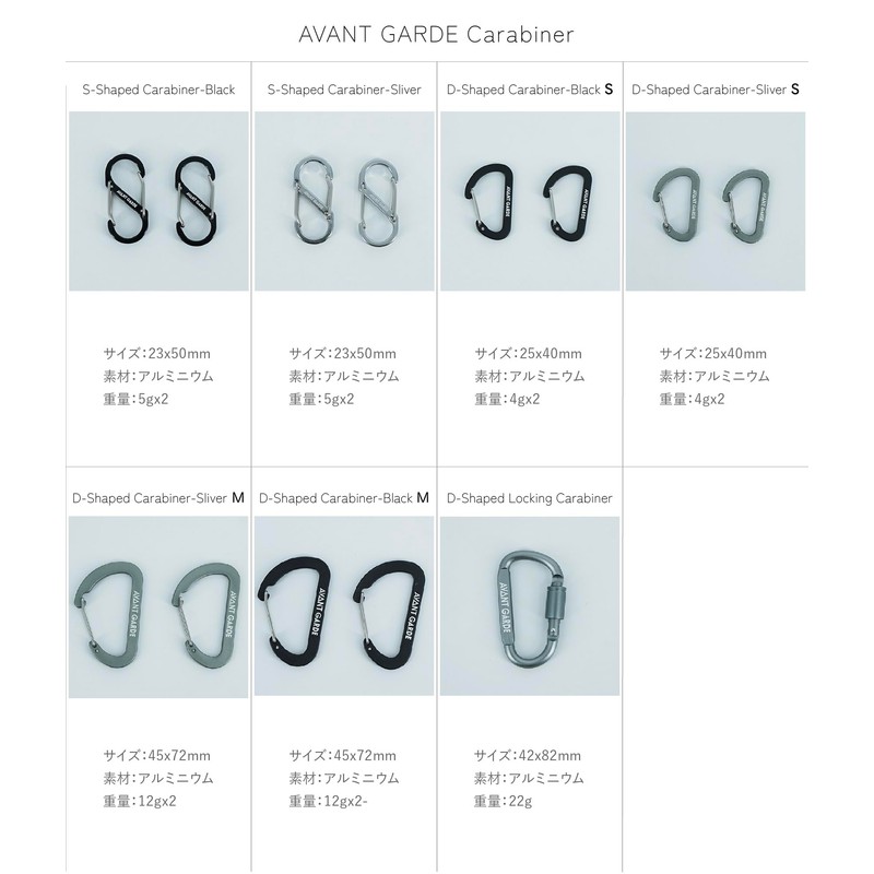 AVANT GARDE Carabiner, Lightweight, Strong, S-Shaped, Double Gate, Aluminum, Mat,