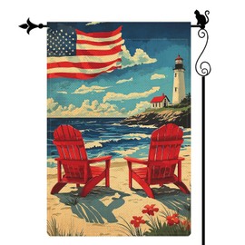 PureGorm American Flag Coastal Garden Flag 12.5x18 Inches - Beach Lighthouse, Red Chairs, Vibrant Summer Decor