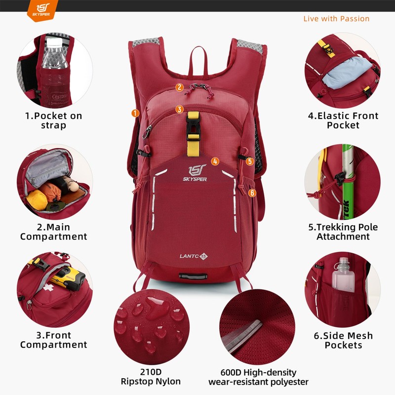 SKYSPER Small Hiking Backpack - 15L Travel Daypack Lightweight Bag