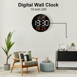 Lafocuse 10" LED Large Digital Wall Clock Round with Remote Control, Date, Temperature, Countdown, DST and Dual Alarm, Silent Modern Clocks Decor for Living Room, Bedroom, Office, Gym (Orange)