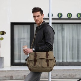 FANDARE Unisex Messenger Bag Canvas Satchel Bag Outdoor Travel Bookbag Commute Work Shoulder Bag 14 inch Laptop Crossbody Bag for Men/Women ArmyGreen