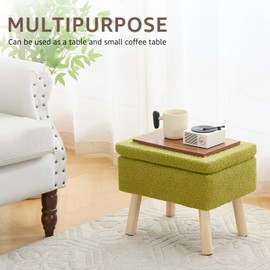 Wimarsbon Storage Ottoman,Small Foot Stool with Wood Legs,Teddy Velvet Footrest with Soft Padded Seat,Accent Small Table or Plant Stand for Living Room,Bedroom and Office (Green)