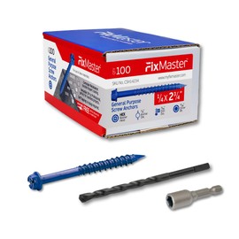 FixMaster 1/4 x 2-3/4" Hex Head Blue Concrete Screw Anchors (100 pcs Screw Kit) with one Screwdriver and Drill Bit for Concrete, Masonry, Block, Brick and Wood Fastening