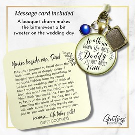 Memorial Wedding Bouquet Charm Walk Me Down Aisle Daddy Vintage Bronze Jewelry Cream Glass Pendant Something Blue Bead 1 Frame Loving Keepsake Memory of Dad Ties to Bride's Flowers DIY Photo Template