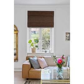 LUSTROWIN Cordless Bamboo Roman Shades, Light Filtering Window Blinds with Valance, Natural Wood Shades for Living Room & Bedroom, Charcoal, 20" W x 48" H