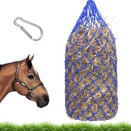 WIYETY Large Hay Net for Horses: Feeding Net with Rings and Carabiner Hook, Hay Net for Horses 100 cm, Mesh Size 5 x 5 cm, Hay Net Horse Hay Bag for Horses, Blue