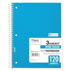Mead Spiral Notebook, 3 Subject, Wide Ruled Paper, 7-1/2" x 10-1/2", 120 Sheets, Color Will Vary (930206-25)