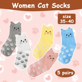 5 Pairs of Cat Socks, Women's Cat Socks, Cat Socks with Cat Motif, Cartoon Animal Colourful Socks, Cute Socks, Women, Cozy Cotton Socks for Girls, for Cat Lovers, Christmas Gifts, colour