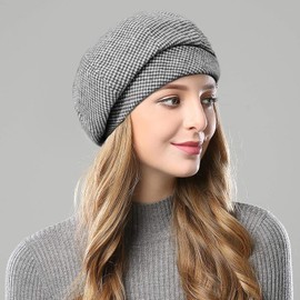 Wantonfy Womens Wool Blend French Beret Baker Boy Newsboy Winter Hat Cabbie Peaked Beret Grey