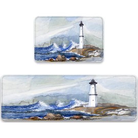 Vintage Lighthouse Kitchen Rug Set of 2 Watercolor Landscape of Lighthouse Light Up Nautical Ocean Comfort Floor Mat Anti Fatigue Non Skid Washable Doormat Bath Runner Rugs Bedroom Area Carpet