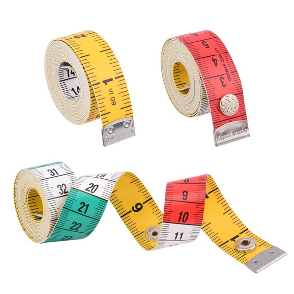 Pack of 3 Coloured Tape Measure, 150 cm/60 in Tailor's Tape Measure, with Button, Roll Tape, Double-Sided Scale, Cm/Inch, for Anthropometry, Sewing, Woodwork, Crafts (Colourful)