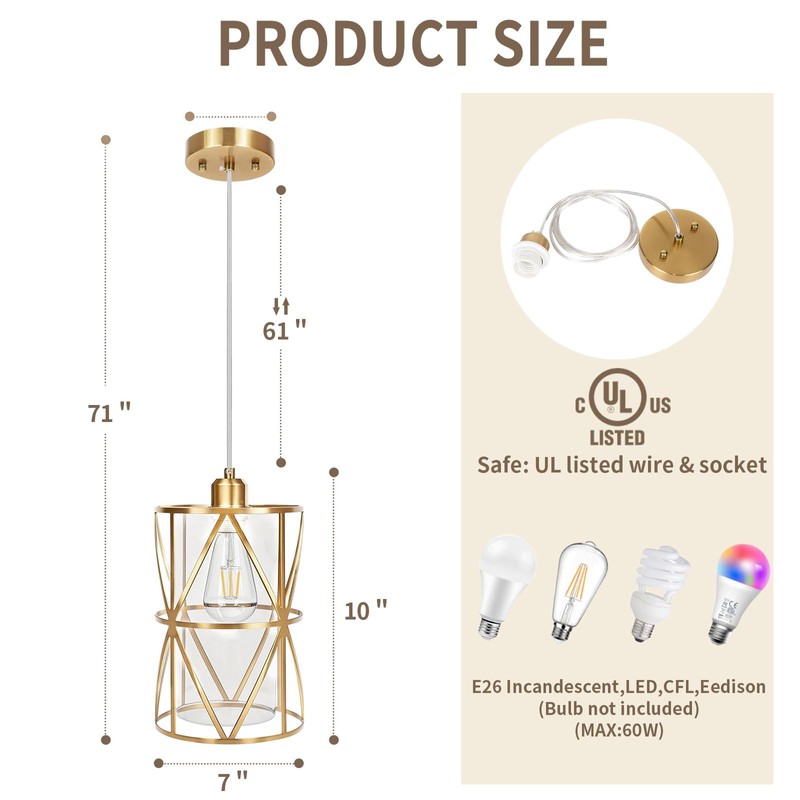 Zlierop Brushed Gold Pendant Light, Modern Kitchen Pendant Lighting Over