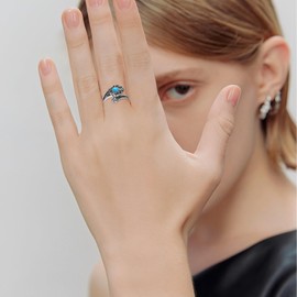 Turquoise Spoon Ring 925 Sterling Silver Open Adjustable Ring Oxidized Victorian Vintage Flower Thumb Rings for Women, Sterling Silver, Turquoise