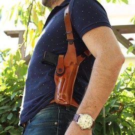 Premium Leather Vertical Shoulder Holster System with Double Magazine Carrier for Browning-Type Hi-Power MK3 9mm/ 40 4-5/8" Barrel, Right Hand Draw, Brown Color #1307#