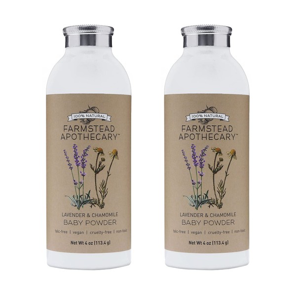 Farmstead Apothecary 100% Natural Baby Powder (Talc-Free) with Organic Tapioca Starch, Organic Chamomile Flowers, Organic Calendula Flowers, Lavender & Chamomile 4 oz (Pack of 2)