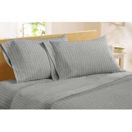 Dormisette Luxury German Flannel Sheets & Pillowcases Set, 4 Piece, Light Gray Heather Double Pinstripe (Queen)