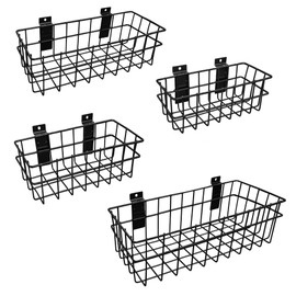BELLO YON 4Pcs Slatwall Baskets Black Ventilated Heavy Duty Metal Slatwall Bins Hanging Wire Baskets for Slatwall Panel, 4 Size Mounted Slat Wall Accessories for Rooms Garage Storage