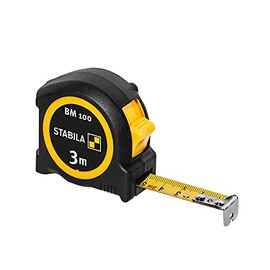 STABILA BM 100 Pocket Tape Measure, 3 Metre Tape Measure with Metric Scale, Shatterproof ABS Casing, Movable Initial Hook, Belt Clip, MID Accuracy