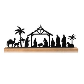 Zmupl Nativity Scene Set for Christmas Decorations Indoor, Black Metal Nativity Set Wooden Plaque Christmas Table Centerpiece Xmas Party Indoor Decor Supplies (33 * 6 * 1cm)