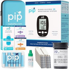 Pip Blood Glucose Monitor Kit – Preloaded Lancets, No Lancing Device Needed – Virtually Painless Fingersticks – Meter, 50 Test Strips, 50 Lancets, Travel Case, Control Solution – No Coding Required