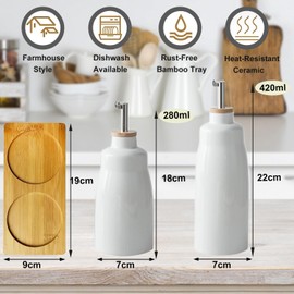 UDQYQ Olive Oil and Vinegar Dispenser Set,420ml&280ml Ceramic Oil and Vinegar Bottles with Bamboo Tray,2PCS Oil Container with Funnel & Labels.