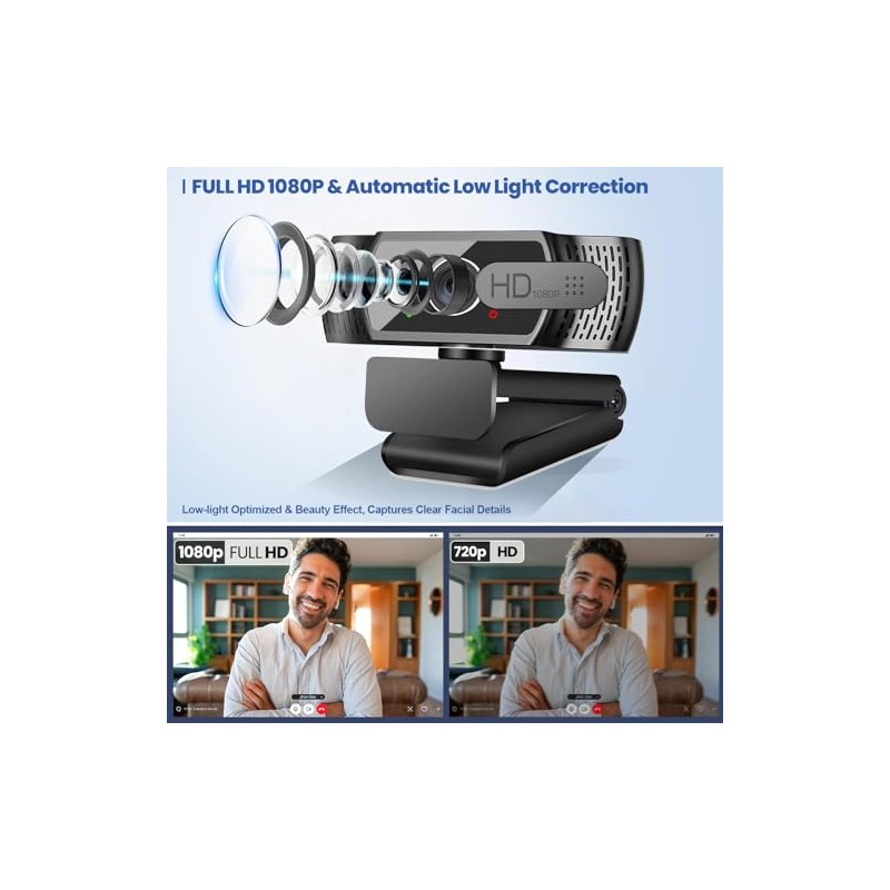 Samcorn Cámara Web con Micrófono 1080P HD USB, Transmisión en