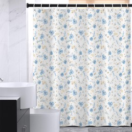 KAIRA Classic Blue and White Floral Pattern Shower Curtain with Hooks, 72" W x 72" L, Waterproof and Durable Polyester Fabric, Easy to Clean, Quick-Drying Bathroom Decor