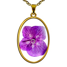 TAMI Dije para Mujer Dorado con Flor Natural de Hortensia Morada - Collar con Zirconias y Naturaleza - Accesorio de Joyería Artesanal con Cristales
